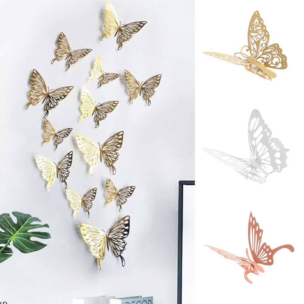 12 Stks/pak 3D Hollow Vlinder Muurstickers Diy Metalen Textuur Goud Zilver Rosegoud Mariposas Decals Feestartikelen Home Decor