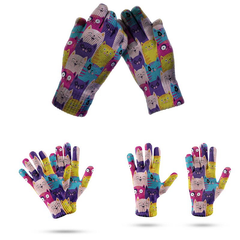 Vinter dejlige handsker kvinder mænd forår og efterår stretch strik vanter 3d print fuld finger guantes kvindelige hæklede handsker