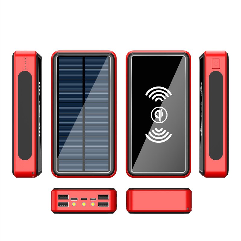 80000mAh batterie d'alimentation solaire sans fil Portable téléphone charge chargeur rapide externe 4 USB LED lumière Powerbank pour Iphone Xiaomi Mi: Wireless Red