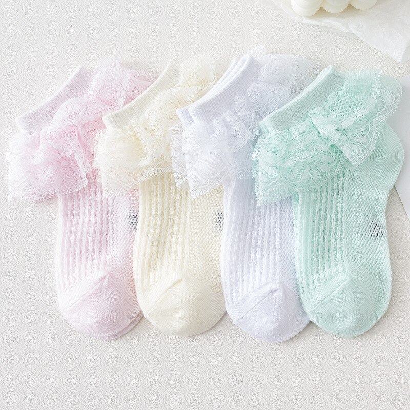 Chaussettes d'été en maille pour bébés filles, de chaussettes courtes en coton respirantes à volants en dentelle à fleurs