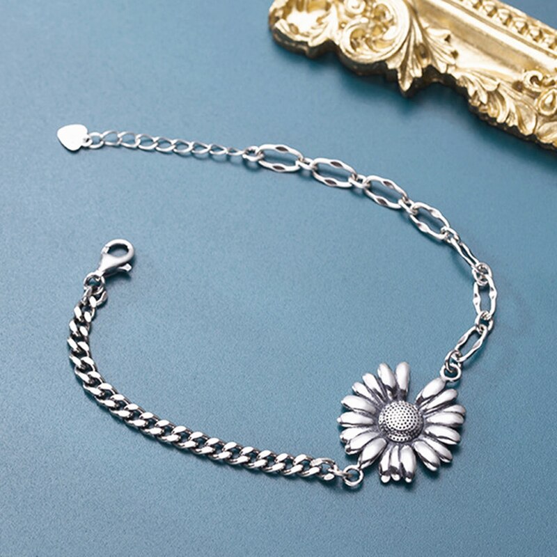 Plata de Ley 925 con estilo coreano Retro brazaletes de girasol las mujeres pulseras de cadena de eslabones de joyería al por mayor
