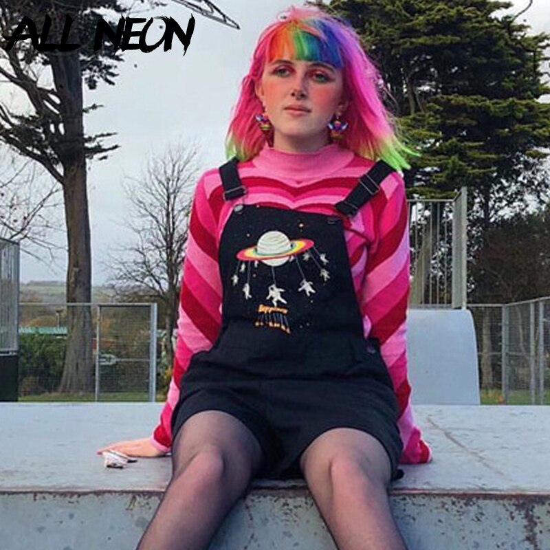 Y2K-suéter de manga larga para mujer, suéter de cuello alto a rayas con corazón, color rosa, estilo Harajuku, años 90