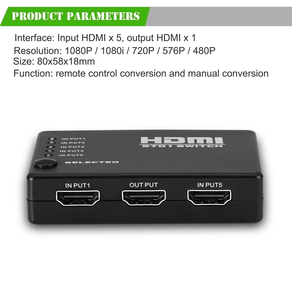 5 in 1 Out Video HDMI-compatible Switch Selector with CR2025 Battery Switcher Splitter Hub &amp; IR Remote 1080P for HDTV PS3 DV