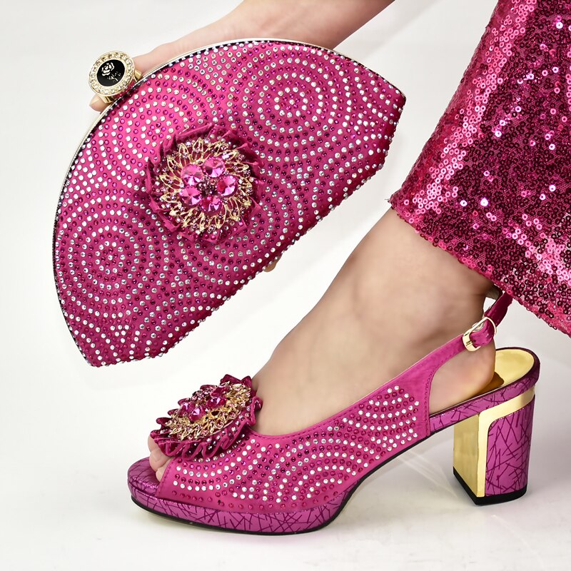 Rhinestone Wedding Shoes Italian Shoe and Bag Set for Party In Women Italian Women Wedding Pumps with Purse: Fuchsia / 7.5