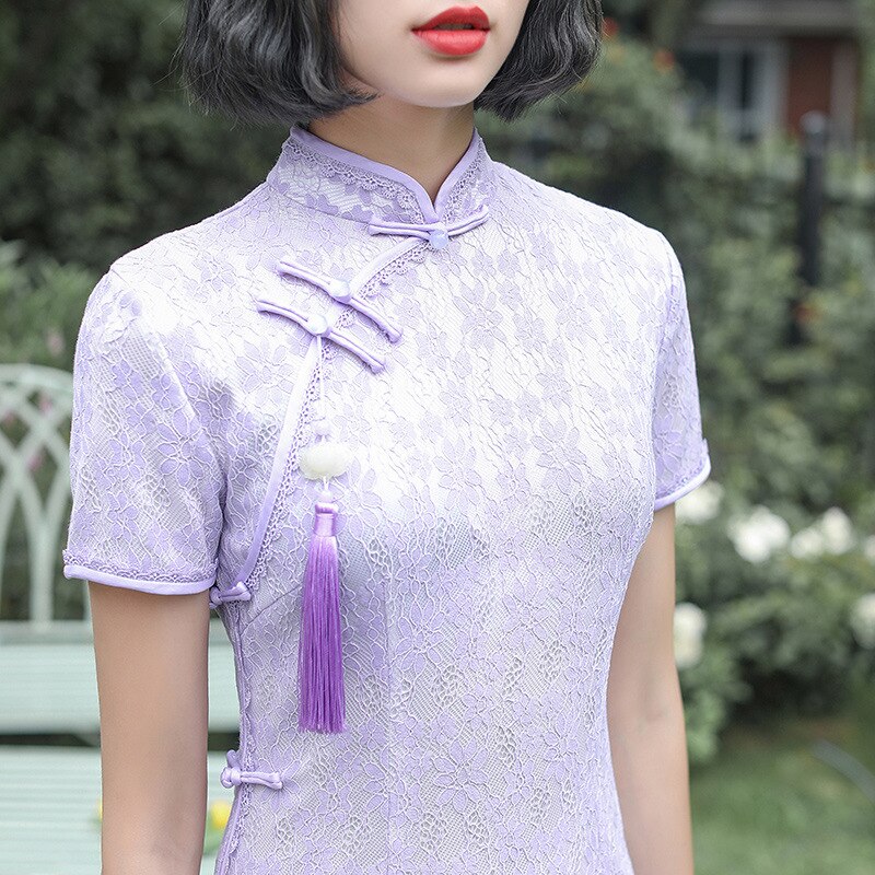 Fzslcyiyi 3 kleuren dames kant qipao jurk korte mouwen cheongsam traditionele kleding chinese nieuwste kant knielange qipao