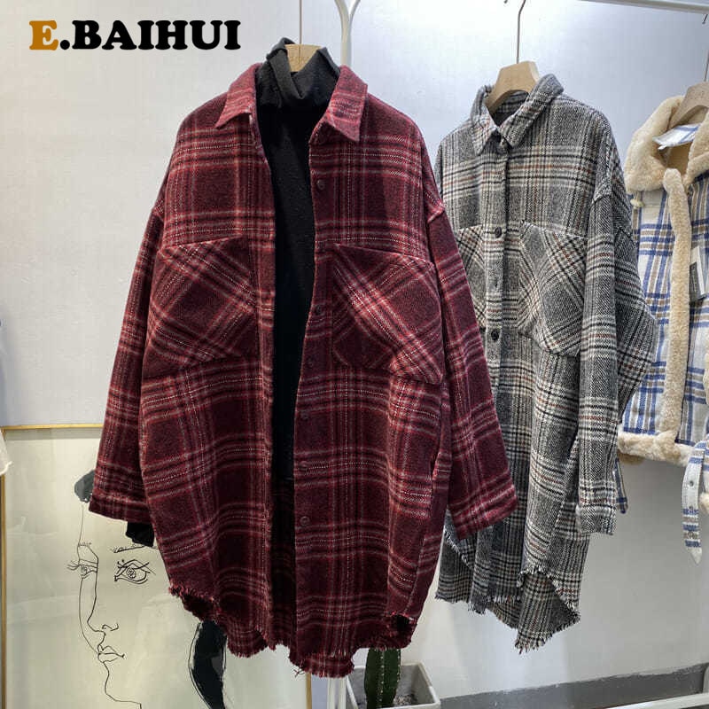 E-baihui streetwear løs rutete skjorte jakke dame casual høst kvinner kåpe kvinne skjorte knapper lommer tweed korte kåper