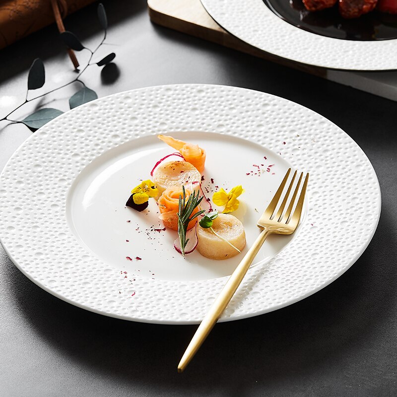 Plato de cerámica blanco y negro para comida occidental, sencillo y moderno para el hogar, redondo, Ramen, ensalada y postre, vajilla comercial