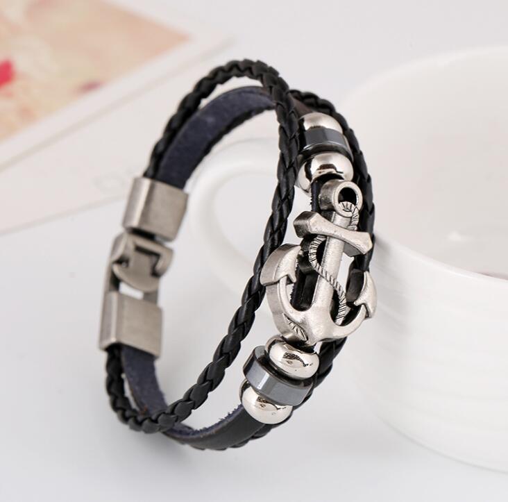 Multilayer Anker Armband Mannen Casual Mode Gevlochten Lederen Armbanden Voor Vrouwen Hout Kralen Armband Punk Rock Mannen Sieraden: Silver Plated