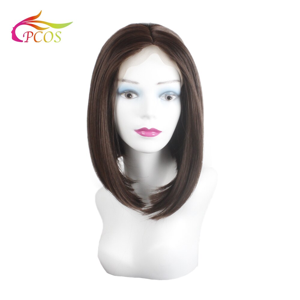 14"Short Female Bob Front Lace Synthetic Wigs Brown Middle-part Wig for Black White Women Frontal Lace Line Hair Wig