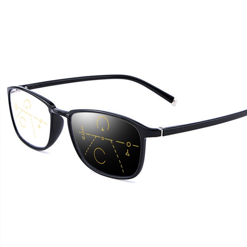 Progressive Photochromic Multifocal Reading Glasses Men Presbyopia Anti Uv Blue Ray Ultralight TR90 Full Rim Solid Bridge black: +200