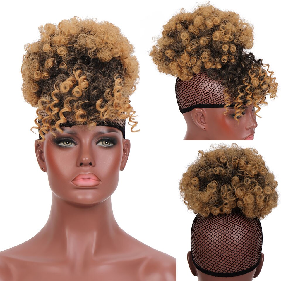 QUEENYANG Synthetic Drawstring African Fluffy Artificial Afro Puff Bun Puffs Ponytails Bun Wrap Natural Black Hair Extensions: F6-1114
