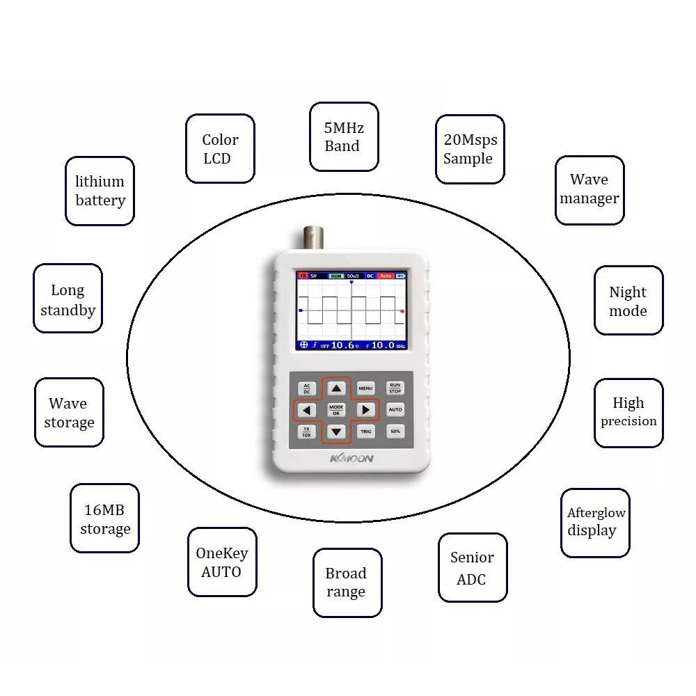 KKmoon DSO PRO osciloscopio Digital, osciloscopio portátil Mini tamaño de Palma, osciloscopio con 5M de ancho de banda, 20 MS/s de frecuencia de muestreo