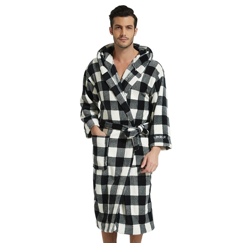 Badekåbe mænd vinter tyk flannel morgenkåbe mænd mandlig lang koral fleece badekåbe mand plus størrelse xxl pyjamas nattøj kimono kåbe: Sort hvid / Xxl (180-190cm)