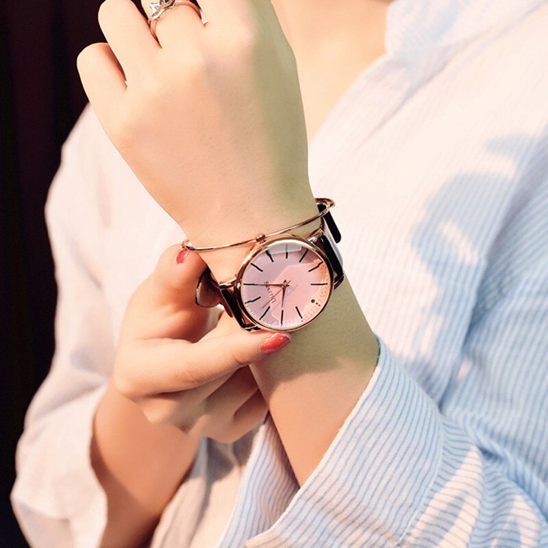 Ulzzang-montre-bracelet à cadran pour femme | Montre à quartz de luxe, Polygonal, robe, populaire, blanc, cuir: Pink glass black