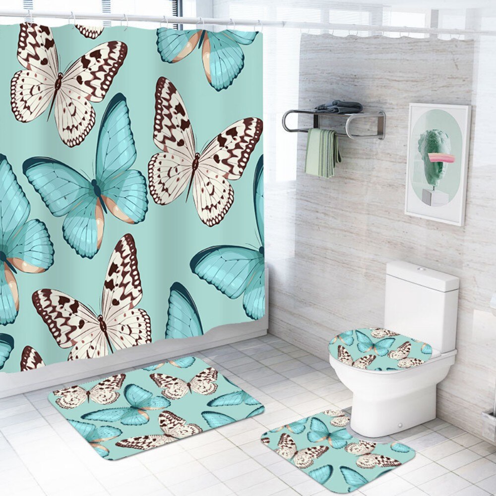 4 piezas de cortina de ducha conjunto de estera antideslizante cubierta de baño con estampado de mariposa cortina de baño de pol