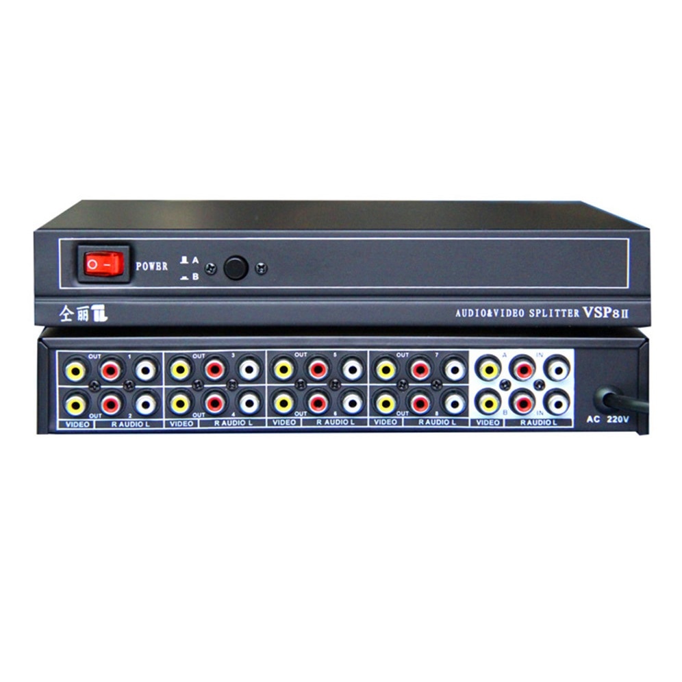 220 v 2 in 8 out AV RCA Video Audio Splitter Selector