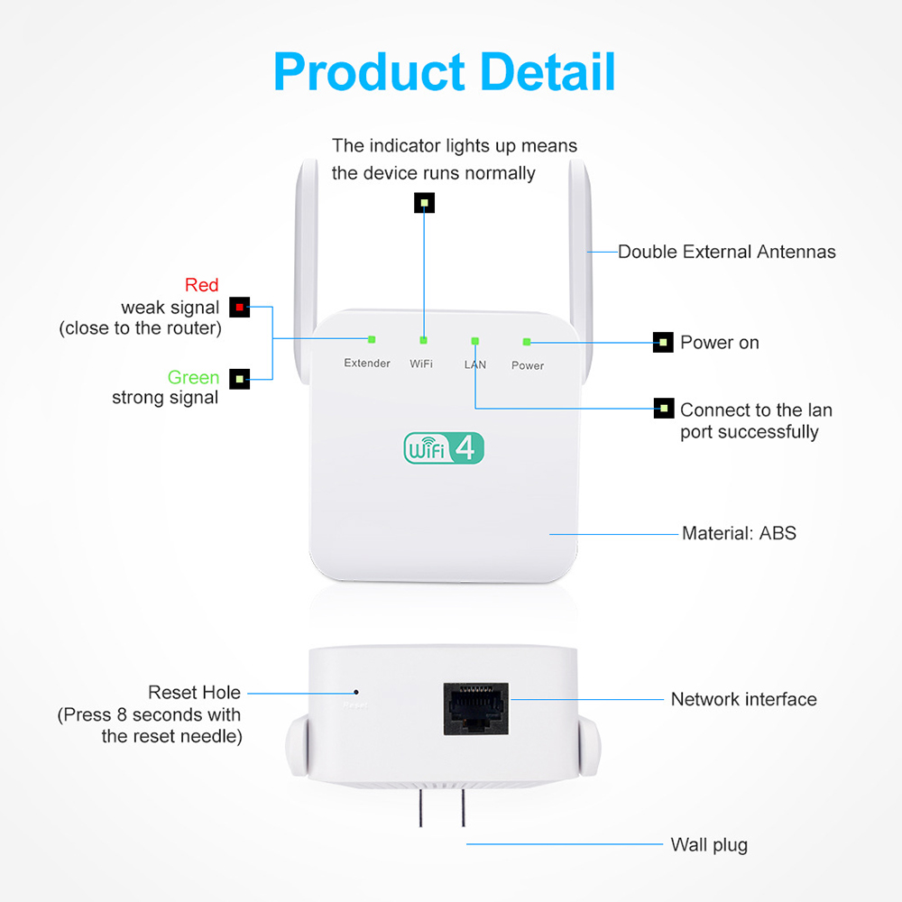 Longo Alcance Wireless WiFi Extender, WiFi Booster, 2.4Ghz, adaptador 300Mbps, amplificador Wi-Fi, antena dupla, repetidor de sinal