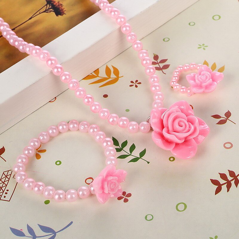 Ensemble de bijoux pour enfants, perle imitation perlée, meilleur bébé Rose fille, fleur Rose, collier, Bracelet, bague: 4