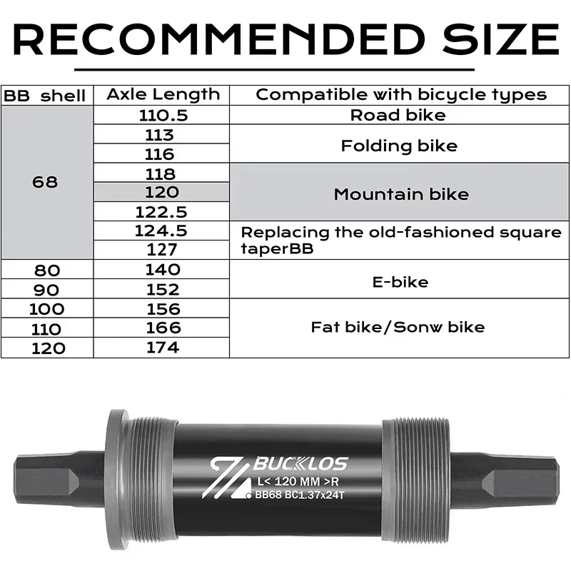 BUCKLOS Fahrrad Tretlager Rennrad Mountainbike Platz Kurbel BB BB68 BB80 BB90 BB100 BB110 BB120 für MTB E-Bike Kurbelgarnitur Teil