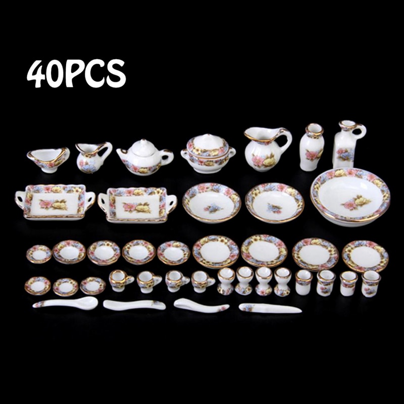 40Pcs 1:12 Dollhouse Miniature Tableware Porcelain Ceramic Tea Cup Dishes Set