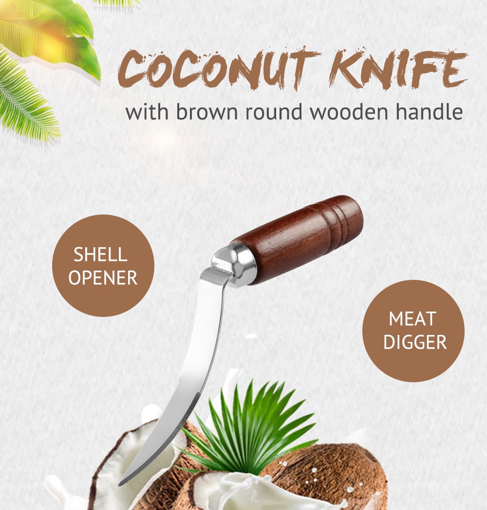 Kokosnoot Cutter-Kokosnoot Mes Vlees Verwijdering Coconut Tool Opener 3CR14 Rvs Blade Houten Handvat