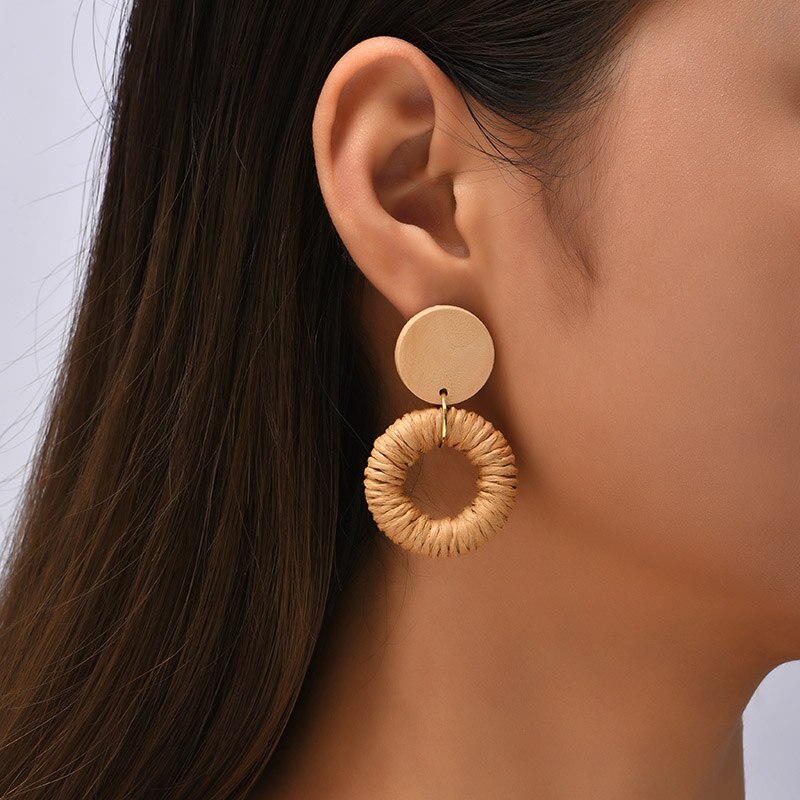 Bohemian Ladies Handmade Vine Rattan Straw Woven Earrings For Women Boho Geometric Round Wooden Dangle Earring Jewelry
