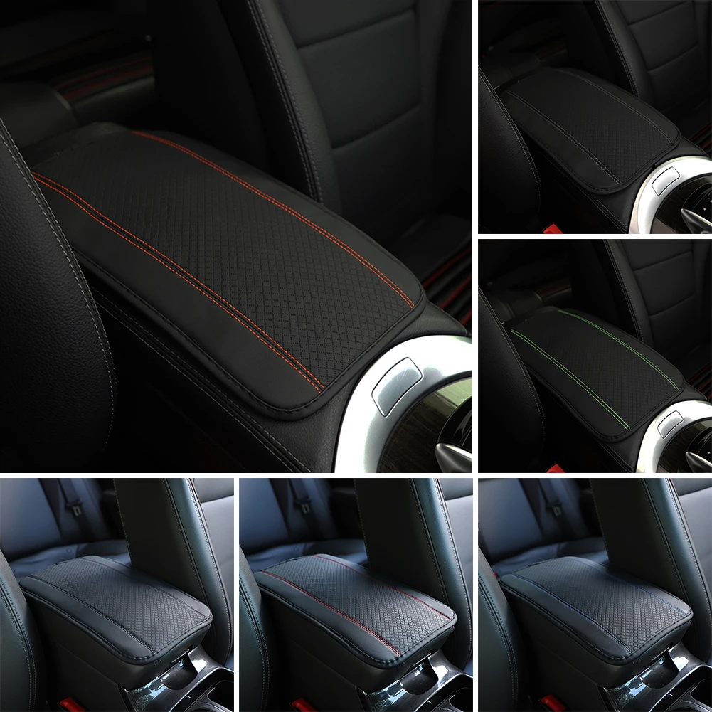 Almohadilla para reposabrazos de coche, cubierta protectora de reposabrazos Central antideslizante de doble línea en relieve de cuero y fibra, accesorios universales de estilo para automóvil