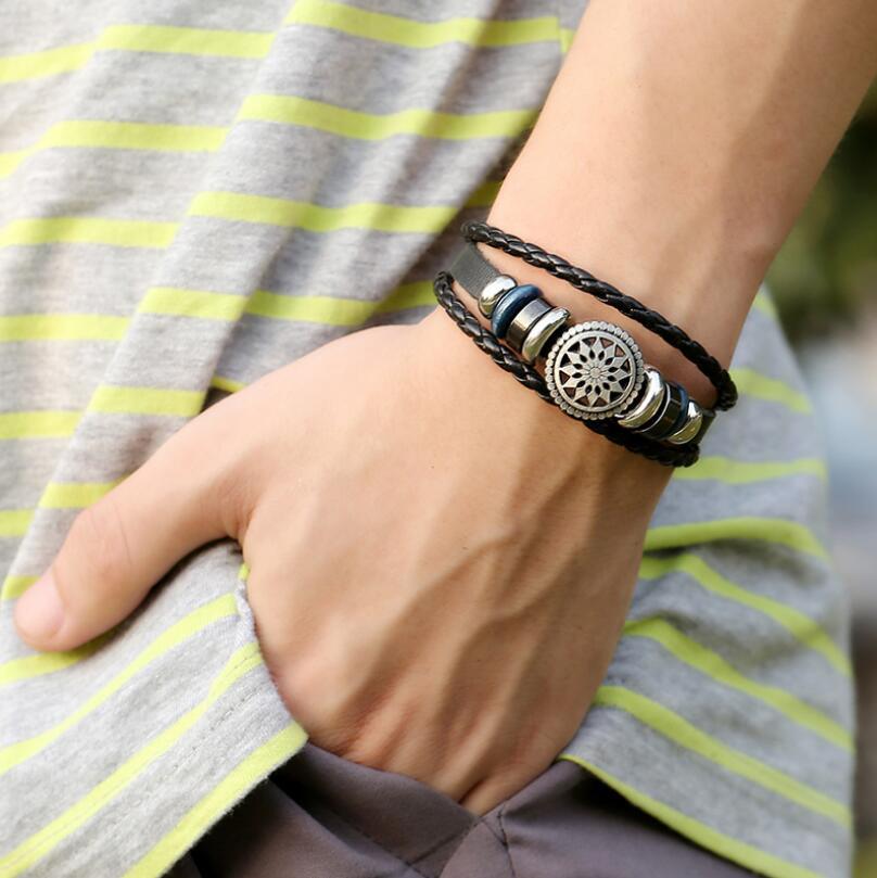 Lucky Vintage Men's Leather Bracelet Wood Beads Charm Multilayer Braided Bracelets Bangles Women Pulseira Masculina