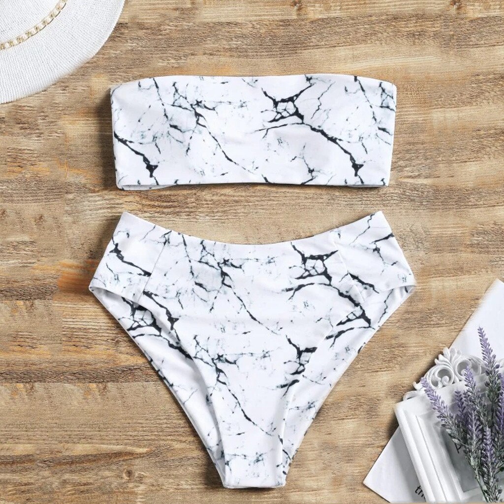 Sexy Women Biquini Print Padded Bathing Suit Off Shoulder Split Underwear Set Wire Free Lengerie Female Intimates