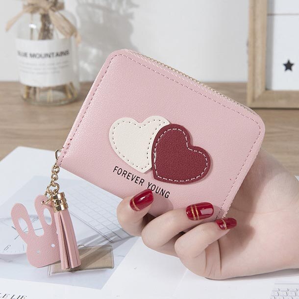 Kvinnor plånbok korthållare tofs dragkedja dam hjärta myntväska kvinna plånböcker plånböcker ficka väska pengapåsar påse miniväskor billfold: Rosa
