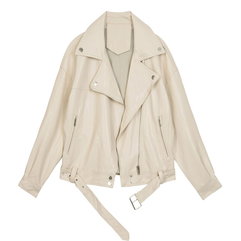 Koreaanse Stijl Vrouwen Herfst Lente Pu Leren Jas Oversized Effen Motorfiets Faux Lederen Jas Turn Down Kraag Met Sjerpen: Beige / L