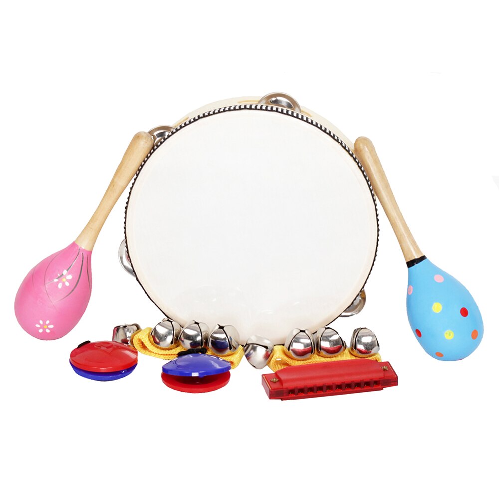 8 Stks/set Muzikaal Speelgoed Band Ritme Kit Inclusief Tamboerijn Maracas Castagnetten Handbells Harmonica Voor Kinderen Als Chrismas