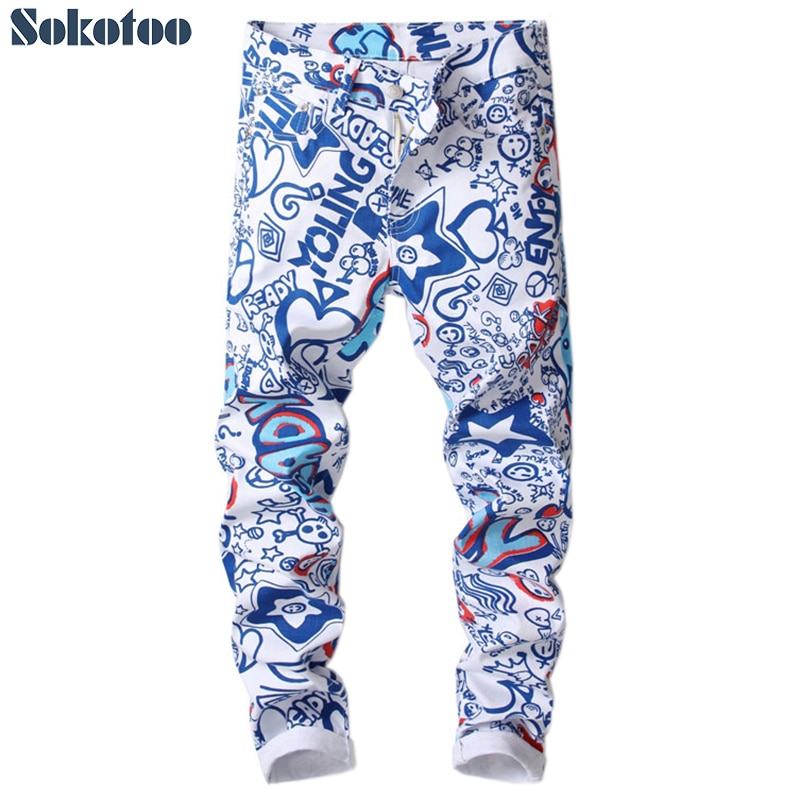 Sokotoo mænds bogstaver 3d printede jeans farvede blå hvide slim skinny denimbukser
