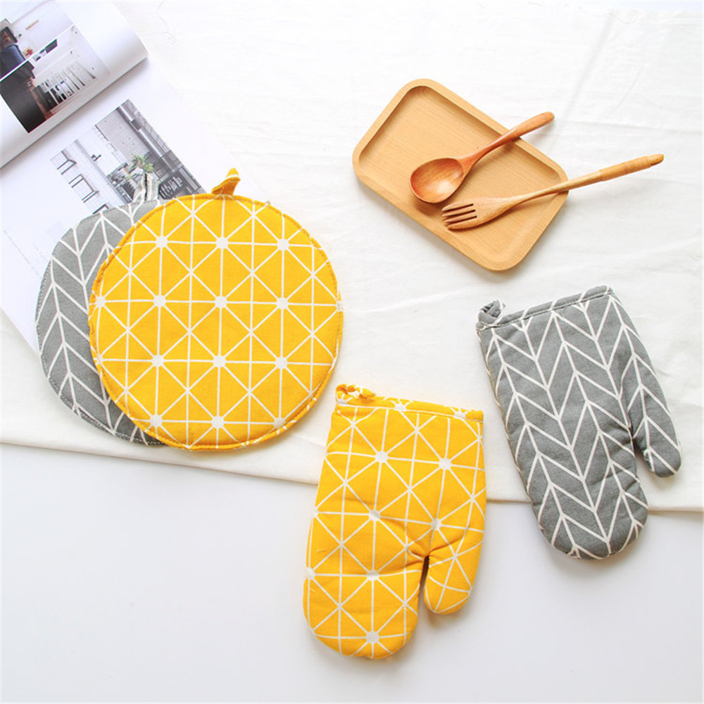 FOURETAW 1 Stück Nette Gelb Grau Baumwolle nordisch Küche Kochen mikrowelle handschuhe backen BBQ topflappen Backofen Handschuhe
