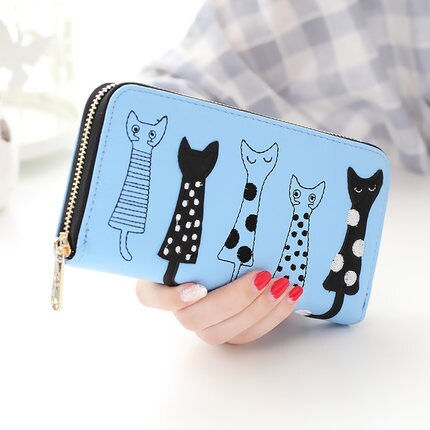 nouvelle femmes portefeuilles femme porte-cartes mignon dessin animé chats en cuir portefeuille porte-monnaie filles pochette portefeuille long à fermeture à glissière: dark blue