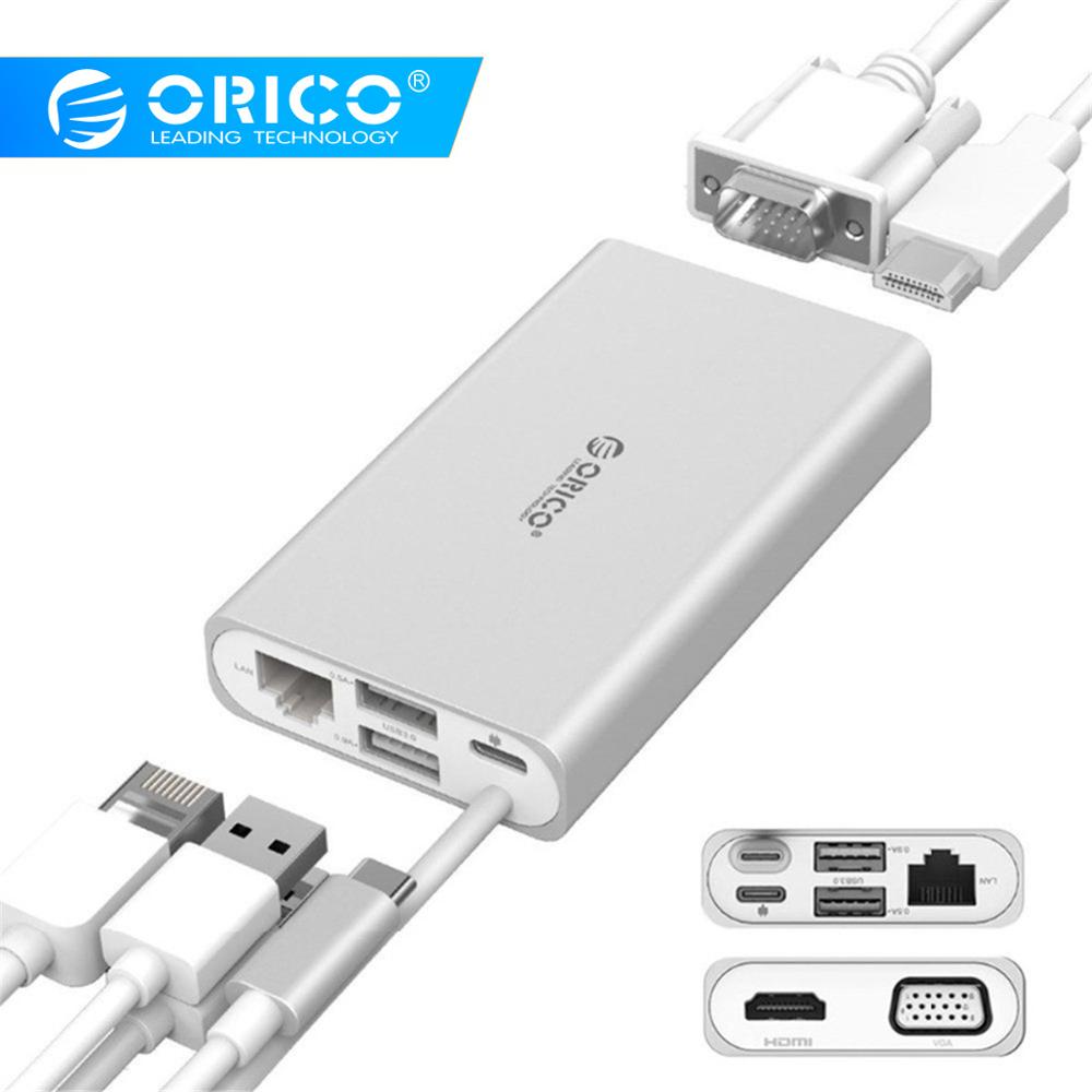 ORICO 5 in 1 Aluminum Docking Station Type C Power HUB to VGA/HDMI 4K HD/RJ45 Network Converter USB for MacBook Pro