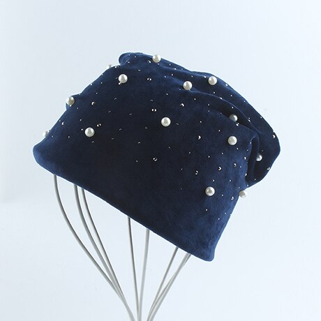 Gorros de terciopelo con diamantes de imitación y perlas para mujer, sombrero cálido y suave, de invierno, novedad de: Azul marino
