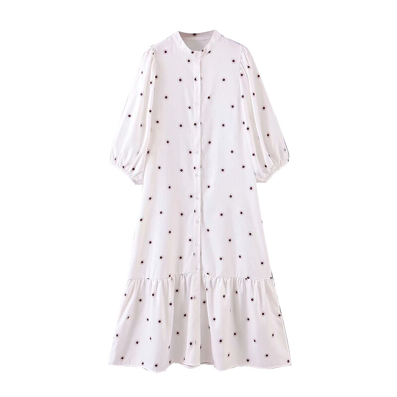 Aachoae kvinnor löst tryck vit klänning o hals lykta halvärm casual midiklänning kvinnlig plus size dam veckade klänningar vestido: Vit / L