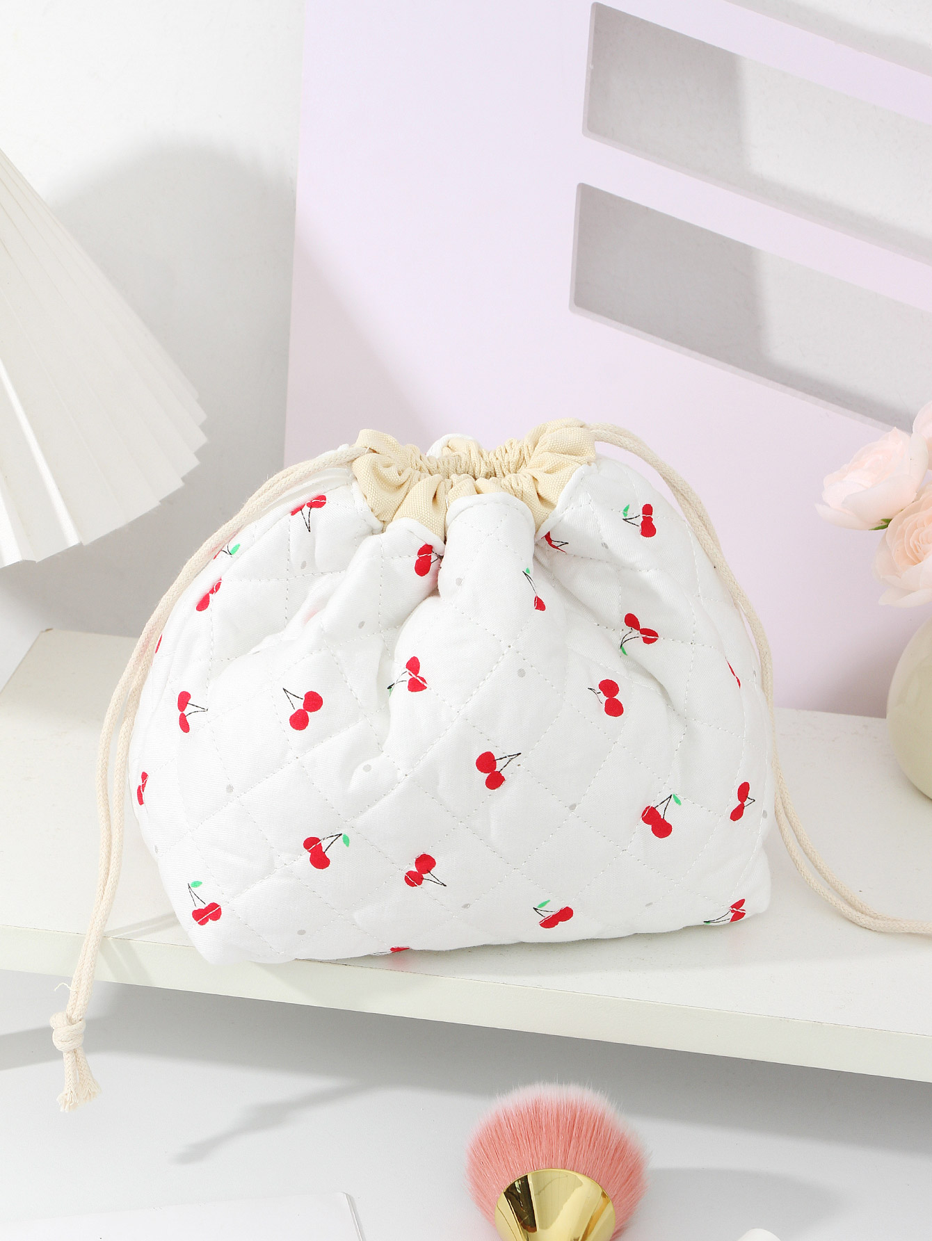 1-delige make-uptas met bloemenkoord en trekkoord, make-uptas voor badkamertoiletartikelen, essentiële make-uptas voor op reis: WIT