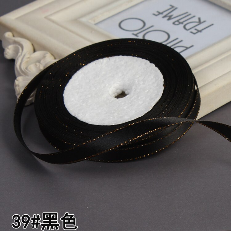 3/8" 10mm 25yards Gold Edges Satin Ribbon Wedding Happy Birthday Box Packaging Decorations DIY Craft Bow: Black
