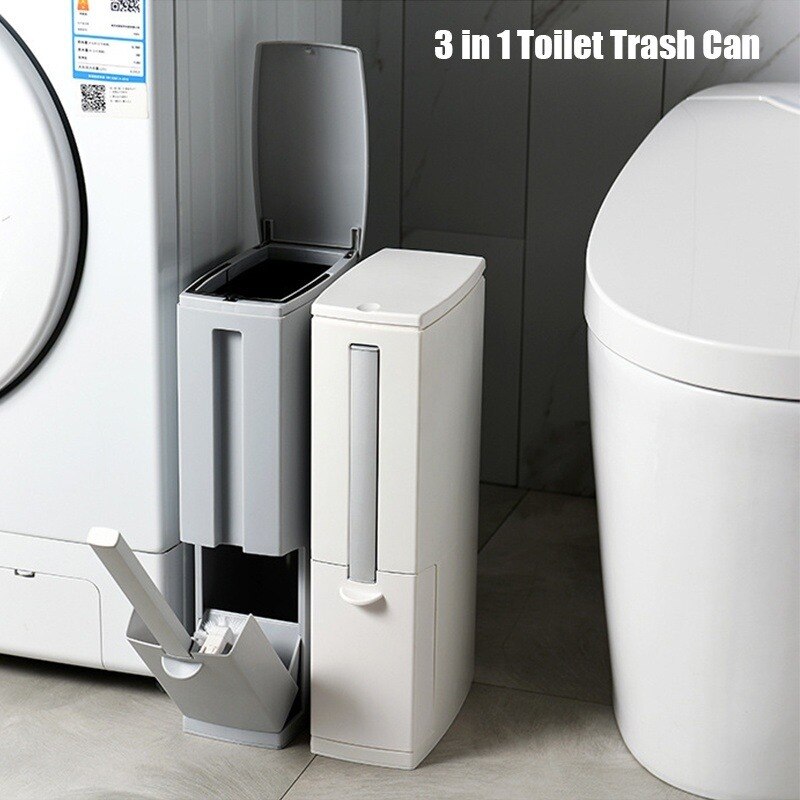 Bathroom Trash Bucket Set Waste Bin Plastic with Toilet Brush Dustbin Kitchen Trash Can Garbage Bag Household Cleaning Tools
