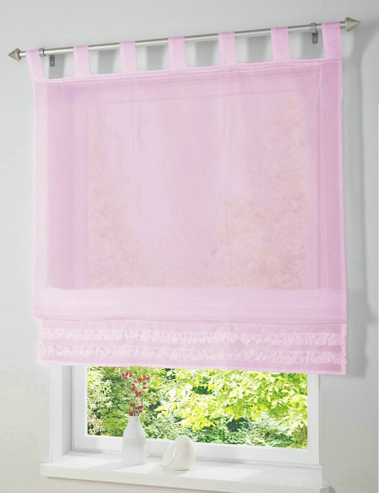 Flæsekant fabrikspris ensfarvet fane-top køkken altanvindue romersk gardin: Lyserød / W100cm x  h140cm