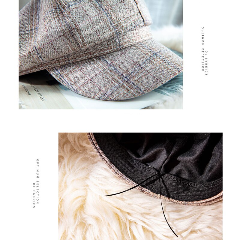 Foux-gorros de tela escocesa para mujer, boina octogonal de cuero con cuerda ajustable a rayas, estilo coreano, para verano,