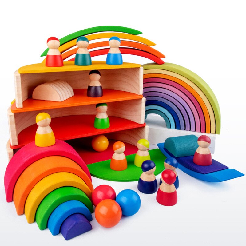 Holz Regenbogen Blöcke Regenbogen Stacker Holz Spielzeug Nesting Puzzle Regenbogen Bausteine Montessori Lernen Pädagogisches Spielzeug