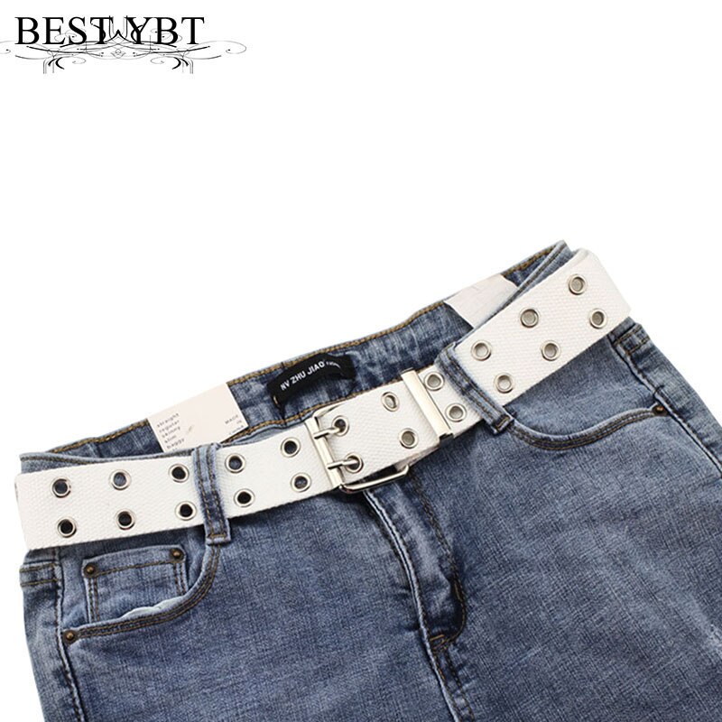 Best YBT-Cinturón de lona Unisex, cinturón con hebilla de aleación de doble fila para fotos de la calle, cinturón hueco Chic con cadena
