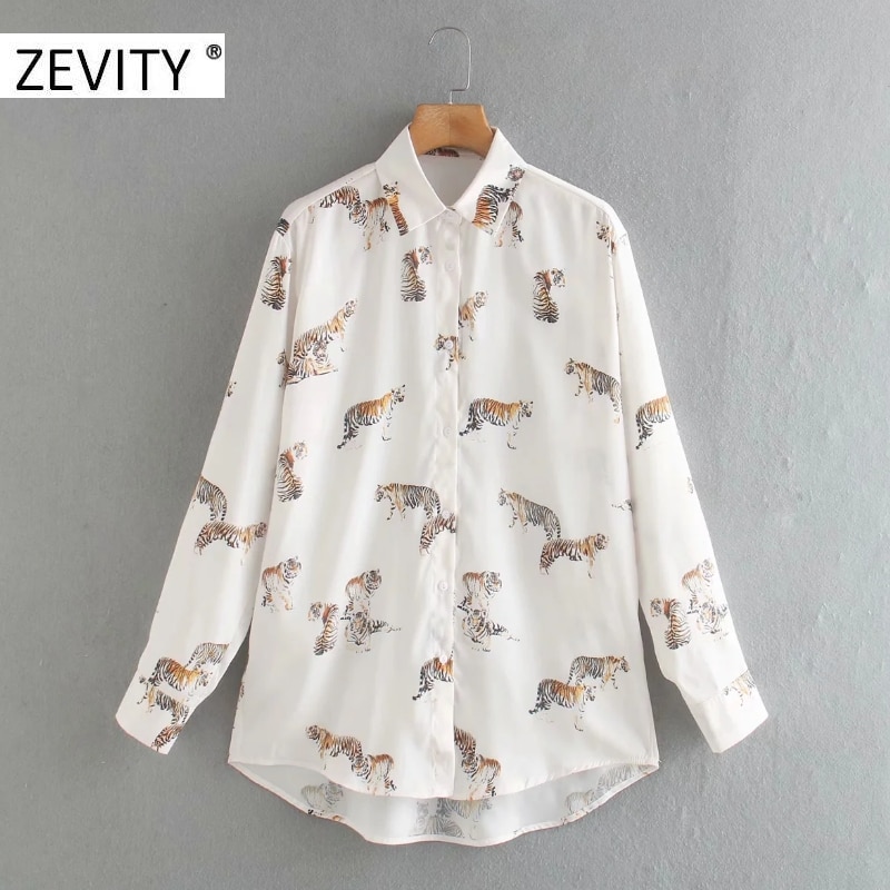 Zevity dames blouse met dierenprint en zakelijk smock, lange mouwen, casual blouses, chique merk chemise tops  ls7134