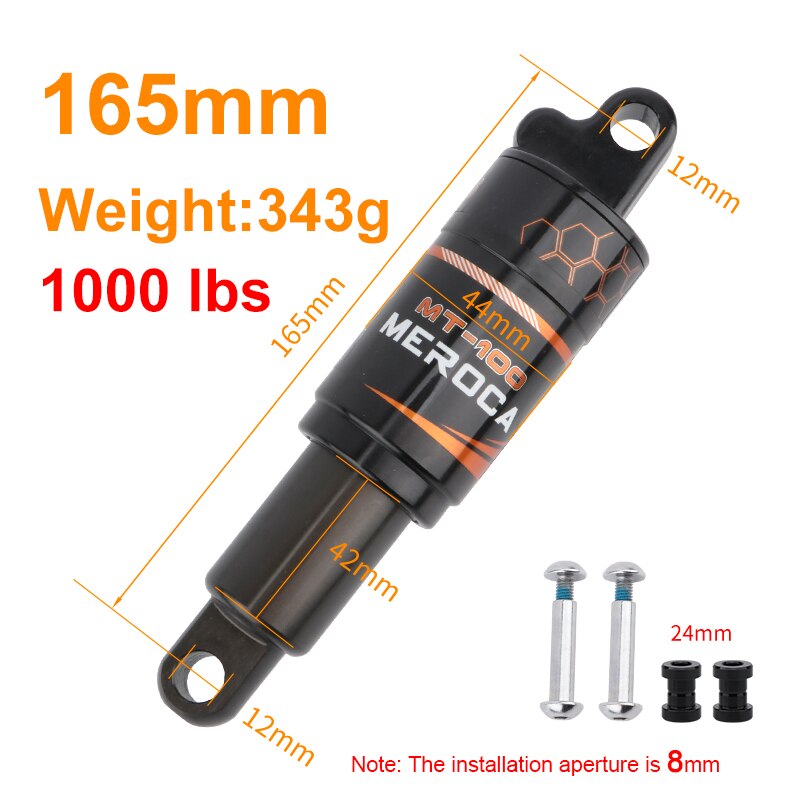 MEROCA-amortiguador Mt-100 de aleación de aluminio para bicicleta de montaña, muelle hidráulico trasero, 125mm, 150mm, 165mm, 190mm: 165mm x 1000lbs