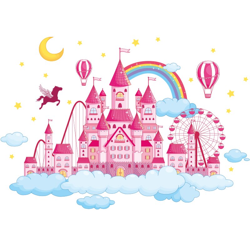 [shijuehezi] cartoon kasteel muurstickers diy wolken maan sterren muurstickers voor kinderkamer babykamer huisdecoratie