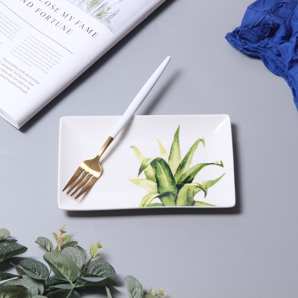 8 Inches Nordic Leaf Rectangle Ceramic Plate Green Plant Porcelain Dinner Plate Dessert Steak Sushi Tray Snack Dish Tableware: Aloe