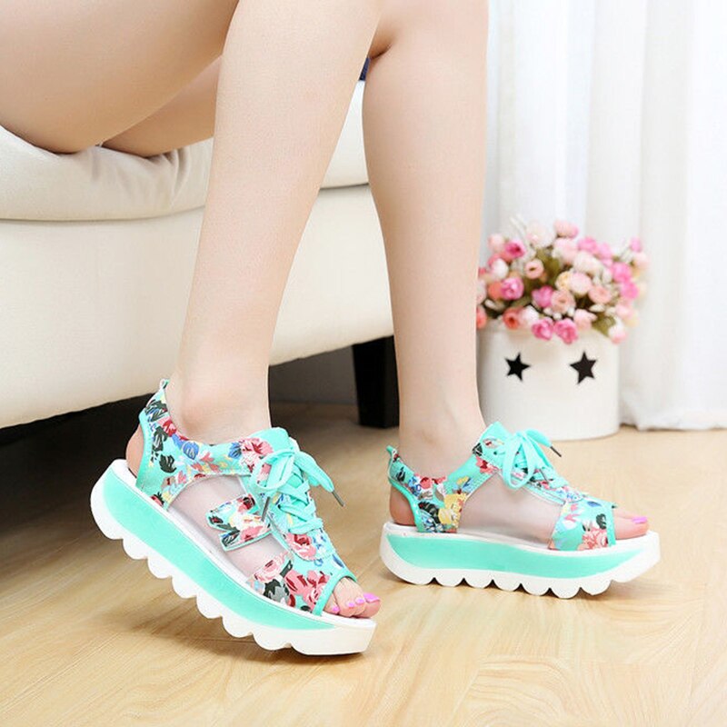 Zomer casual veter sport damesschoenen dames print sandalen visgraat mesh dikke bodem schommelschoenen